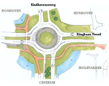 De voorgestelde veranderingen aan de rotonde Ringbaan Noord/Eindhovenseweg. Duidelijk te zien is het ontbreken van een fiets- en voetgangersverbinding tussen Hushoven en het centrum
